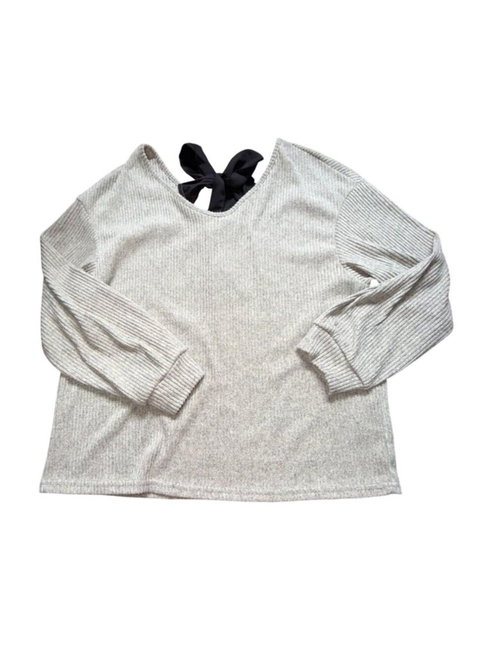 Ribbed V-Neck Blouse With Back Tie Around The Neck-Tan/Black-XL-GUC